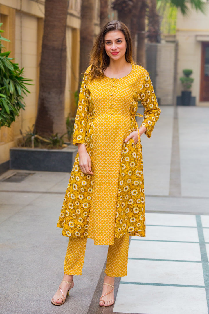 Set of 2 - Tulip Yellow Contrasting Nursing Kurta + Bump Band Bottom - MOMZJOY.COM