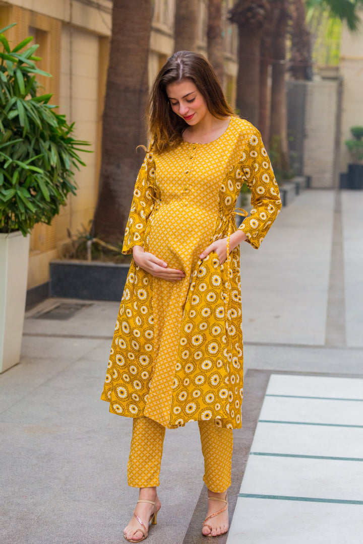 Set of 2 - Tulip Yellow Contrasting Nursing Kurta + Bump Band Bottom - MOMZJOY.COM