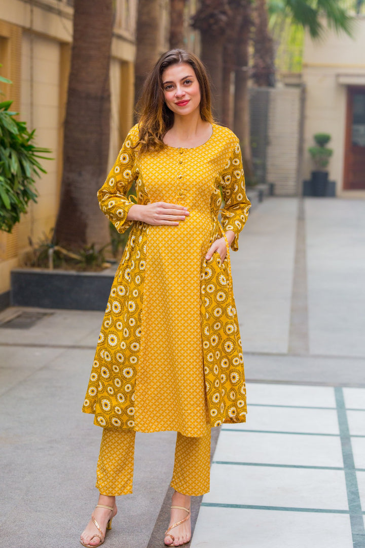 Set of 2 - Tulip Yellow Contrasting Nursing Kurta + Bump Band Bottom - MOMZJOY.COM