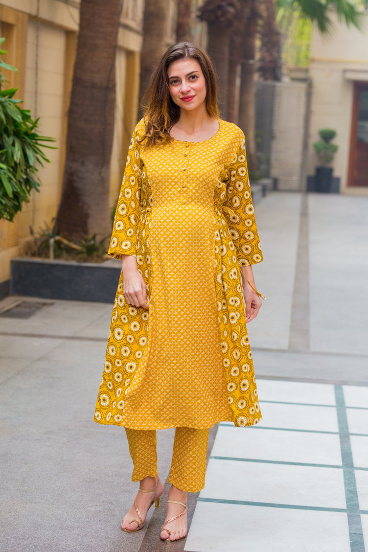 Set of 2 - Tulip Yellow Contrasting Nursing Kurta + Bump Band Bottom - MOMZJOY.COM