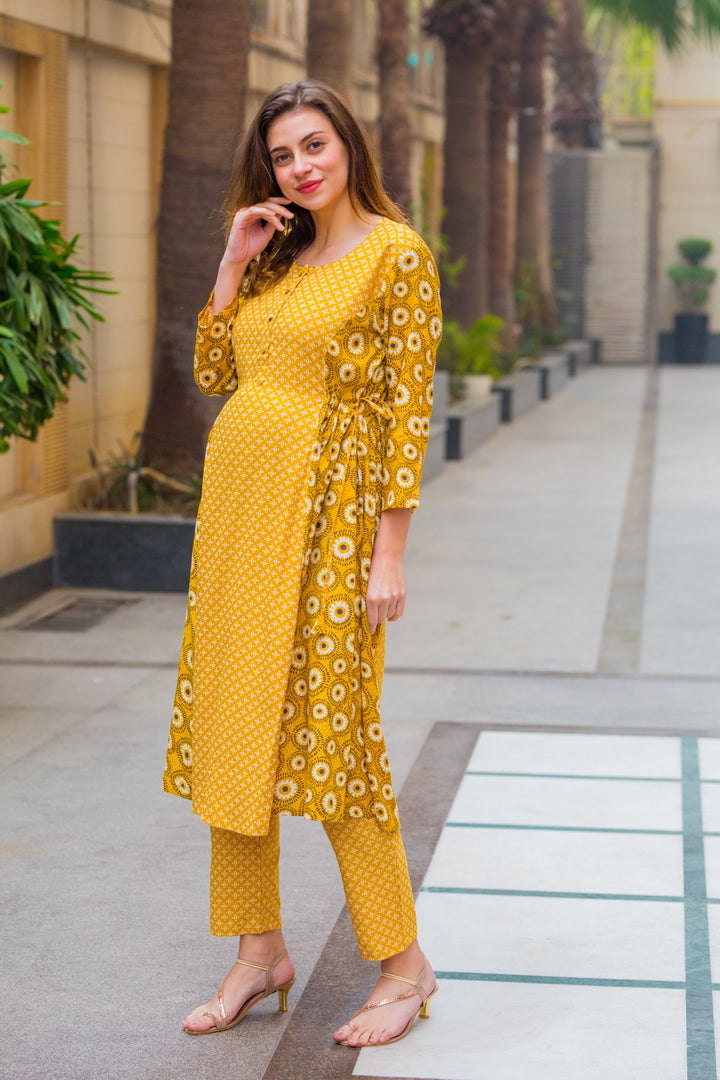 Set of 2 - Tulip Yellow Contrasting Nursing Kurta + Bump Band Bottom - MOMZJOY.COM