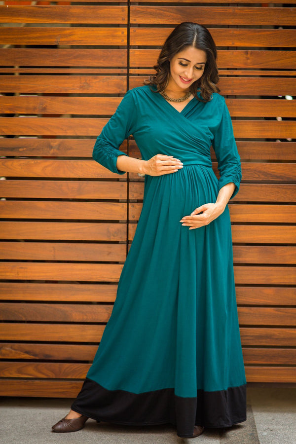 Elegant Teal Front Wrap Maternity & Nursing Dress momzjoy.com
