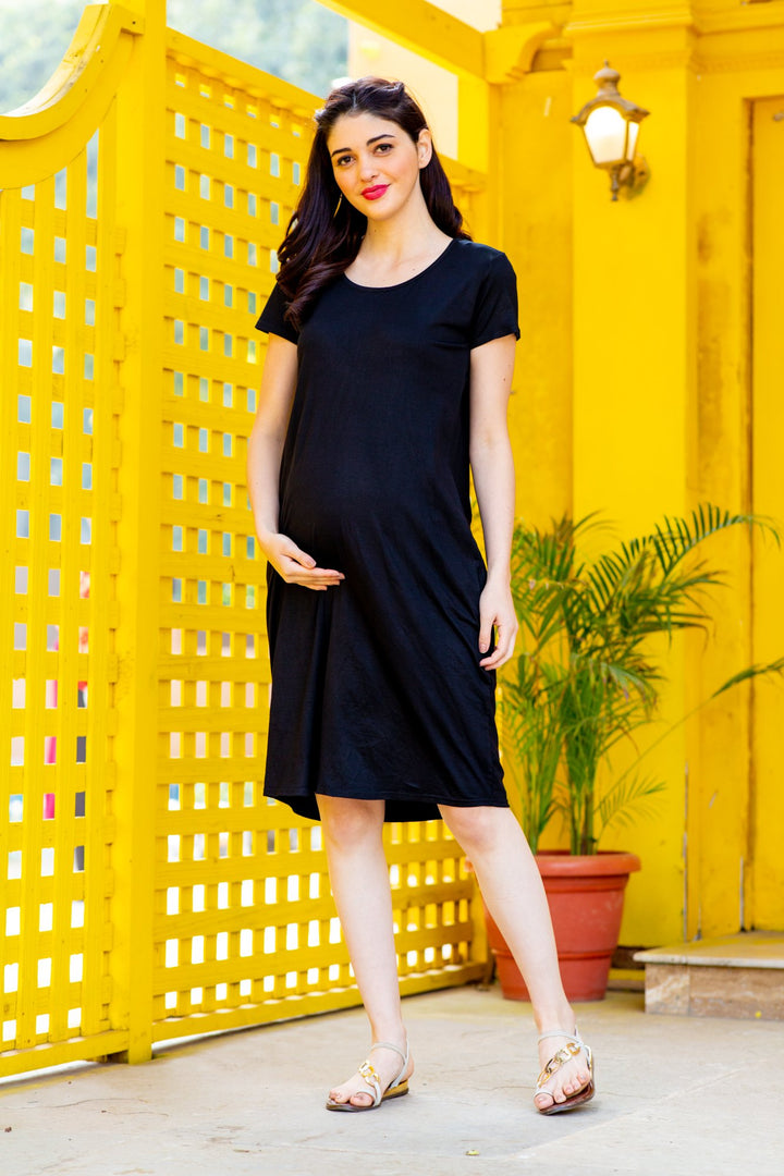 Little Black Stretchable Maternity Night Dress MOMZJOY.COM