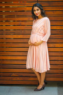 Soft Peach Striped Maternity & Nursing Dress momzjoy.com