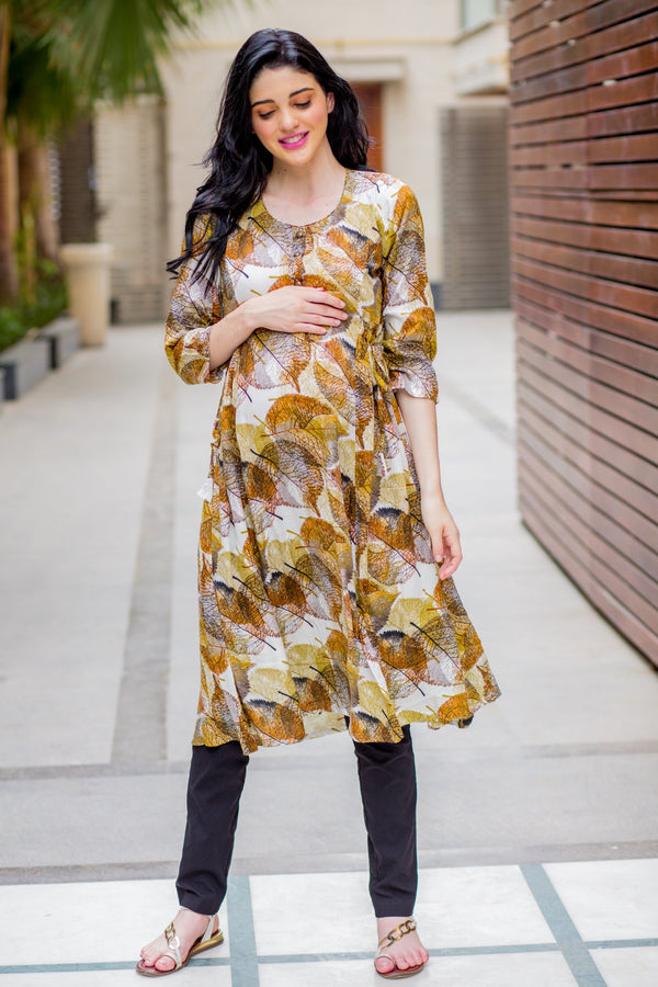 Cinnamon Leafy Maternity & Nursing Side Tie Kurta Dress - MOMZJOY.COM
