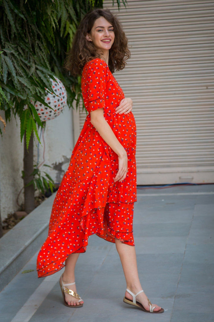 Tangerine Floral Maternity & Nursing Flair Dress - MOMZJOY.COM