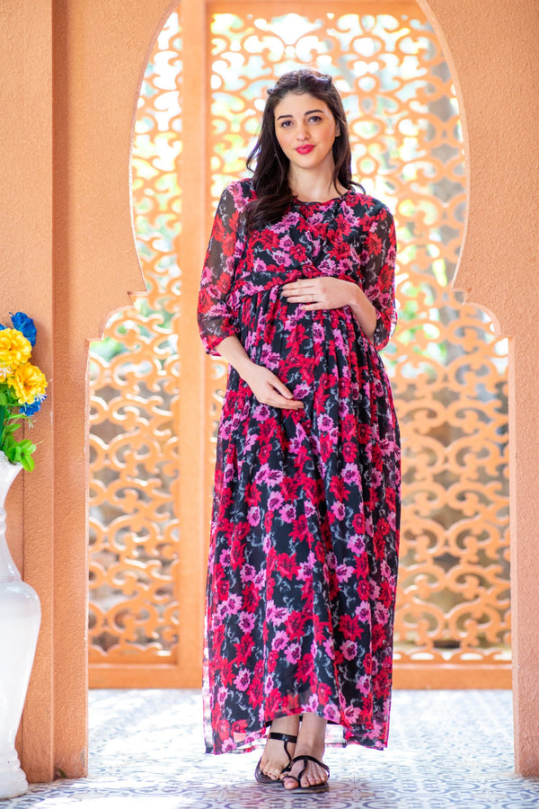 Noir Rose Maternity Knot Dress MOMZJOY.COM