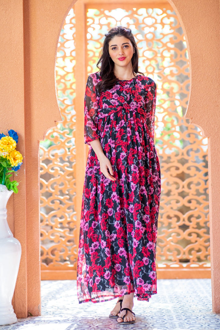 Noir Rose Maternity Knot Dress MOMZJOY.COM