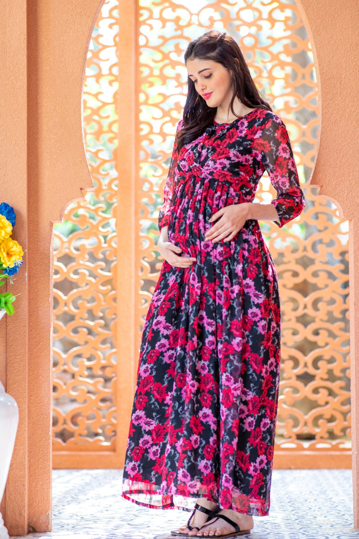 Noir Rose Maternity Knot Dress MOMZJOY.COM