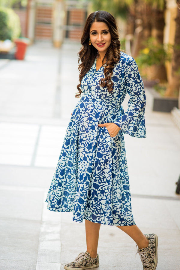 Indigo Front Button Boho Versatile Maternity & Nursing Kurta Dress - MOMZJOY.COM