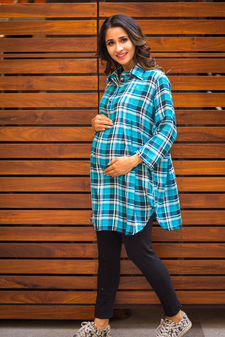 Blue Plaid Versatile Maternity & Nursing Shirt Dress - MOMZJOY.COM