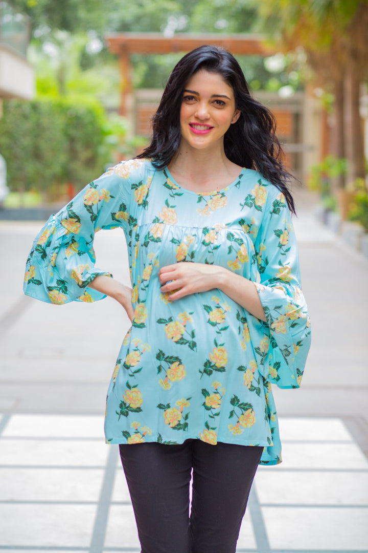 Mint Yellow Bloom Maternity Top MOMZJOY.COM