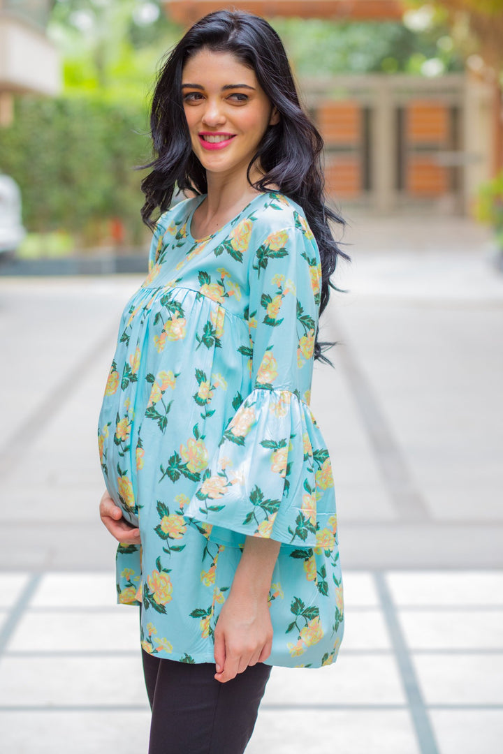 Mint Yellow Bloom Maternity Top MOMZJOY.COM