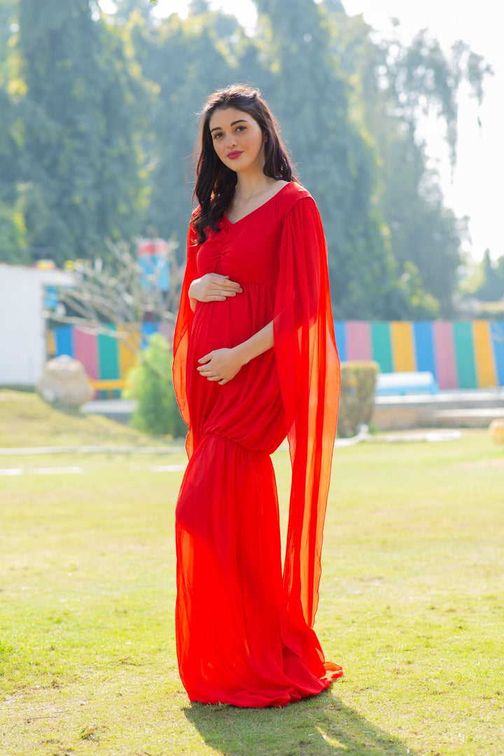 Berry Red Flying Sleeves Maternity Photoshoot Gown MOMZJOY.COM