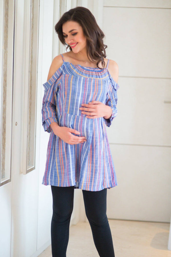 Chic Denim Striped Maternity Top - MOMZJOY.COM