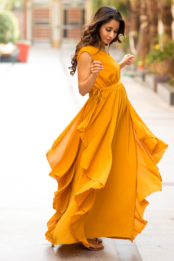 Luxe Mustard Yellow Moss Crepe Maternity Dress momzjoy.com