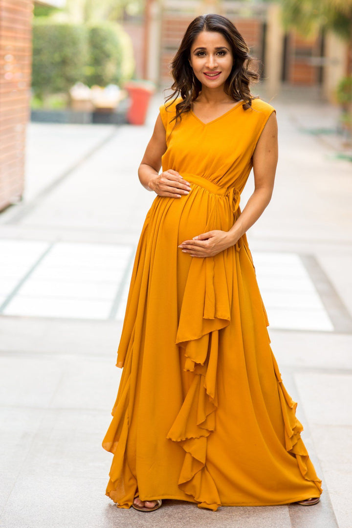 Luxe Mustard Yellow Moss Crepe Maternity Dress momzjoy.com