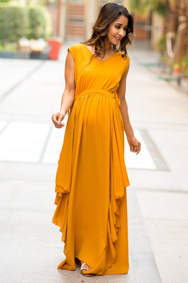 Luxe Mustard Yellow Bubble Georgette Maternity Dress momzjoy.com