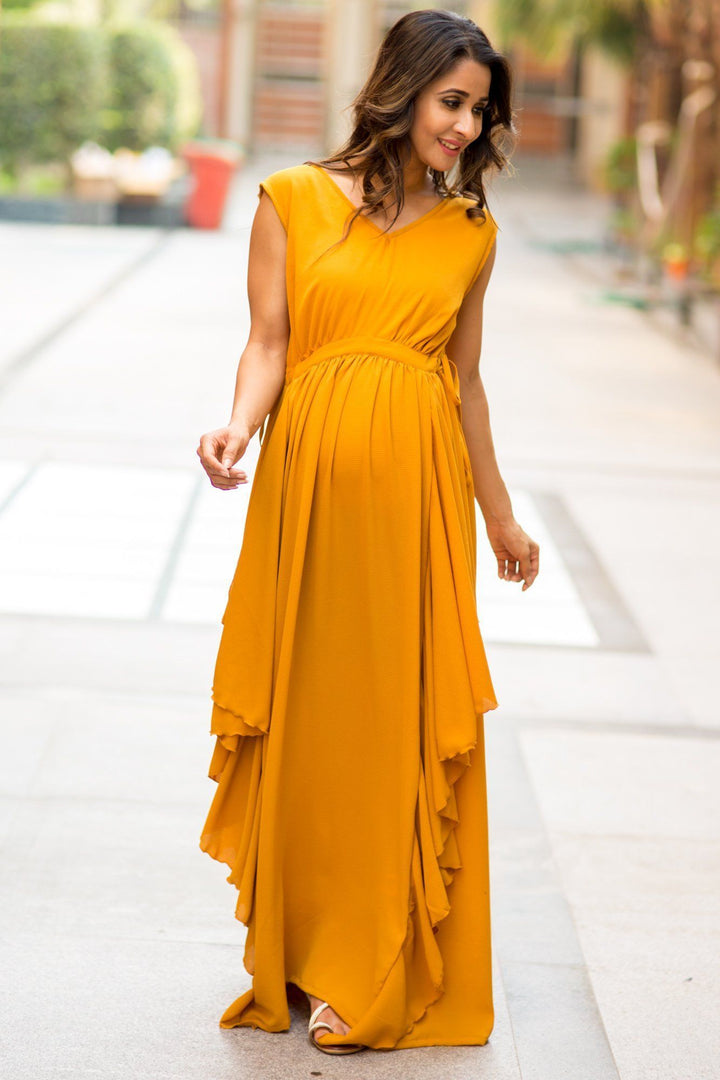 Luxe Mustard Yellow Moss Crepe Maternity Dress momzjoy.com