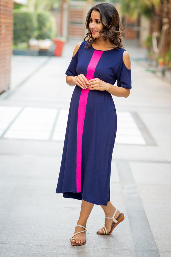 Midnight Blue Cold Shoulder Stretchable Maternity Dress momzjoy.com