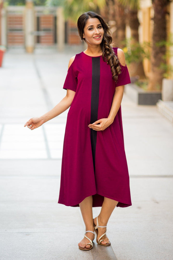 Wine Red Cold Shoulder Stretchable Maternity Dress momzjoy.com