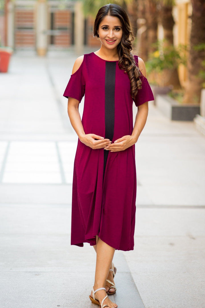 Wine Red Cold Shoulder Stretchable Maternity Dress momzjoy.com