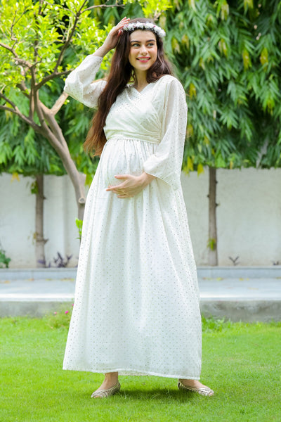 Starry White Maternity & Nursing Wrap Dress momzjoy.com