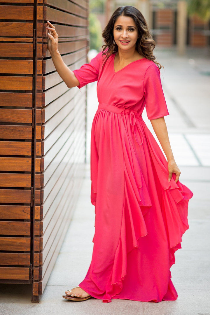 Luxe Pink Blush Bubble Georgette Maternity Dress - MOMZJOY.COM