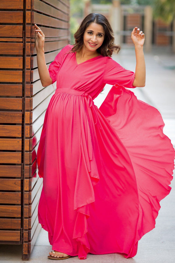 Luxe Pink Blush Bubble Georgette Maternity Dress - MOMZJOY.COM