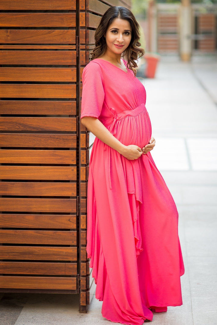 Luxe Pink Blush Bubble Georgette Maternity Dress - MOMZJOY.COM