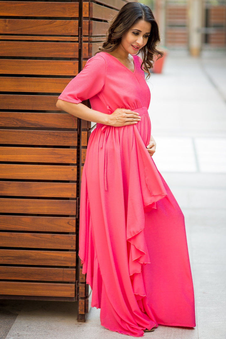 Luxe Pink Blush Bubble Georgette Maternity Dress - MOMZJOY.COM