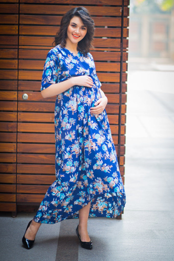 Floral Blue High-Low Maternity & Nursing Wrap Dress - MOMZJOY.COM