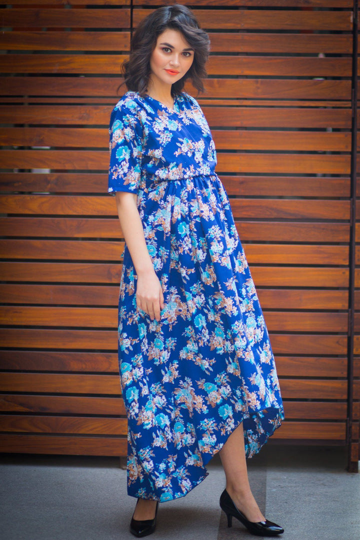 Floral Blue High-Low Maternity & Nursing Wrap Dress - MOMZJOY.COM