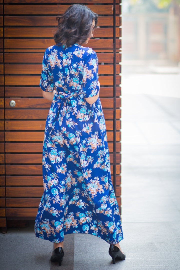 Floral Blue High-Low Maternity & Nursing Wrap Dress - MOMZJOY.COM