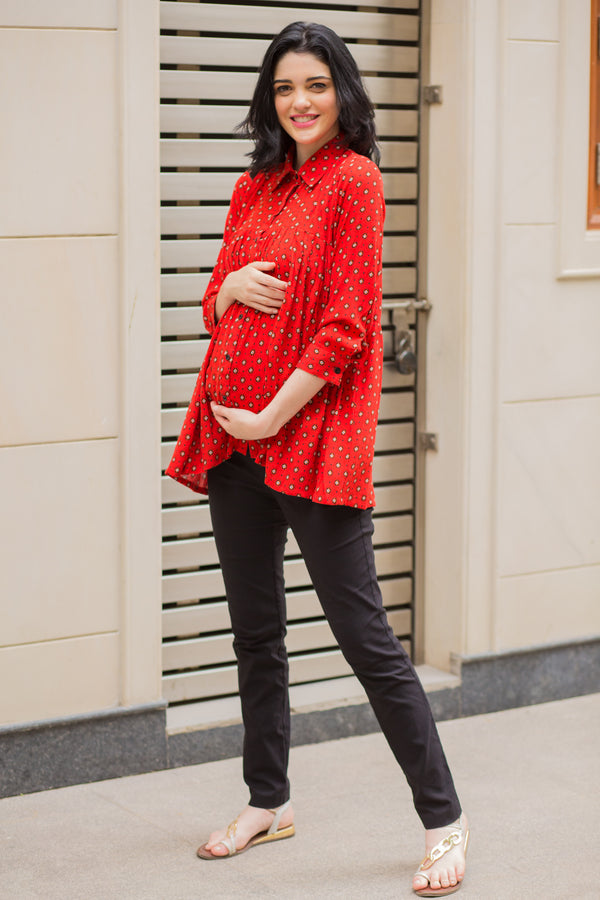 Classic Red Gathered Maternity & Nursing Top momzjoy.com