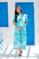 Aqua Green Leafy Maternity & Nursing Frill Dress momzjoy.com