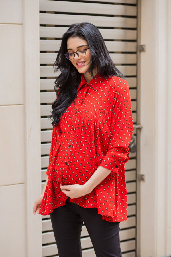 Classic Red Gathered Maternity & Nursing Top momzjoy.com