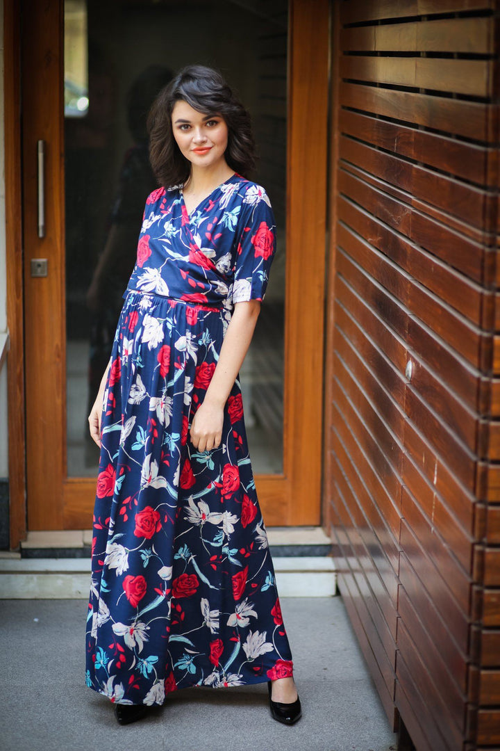 Blue Red Floral Maternity & Nursing Wrap Dress - MOMZJOY.COM