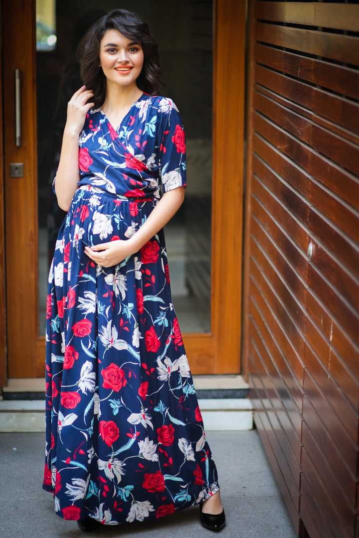 Blue Red Floral Maternity & Nursing Wrap Dress - MOMZJOY.COM