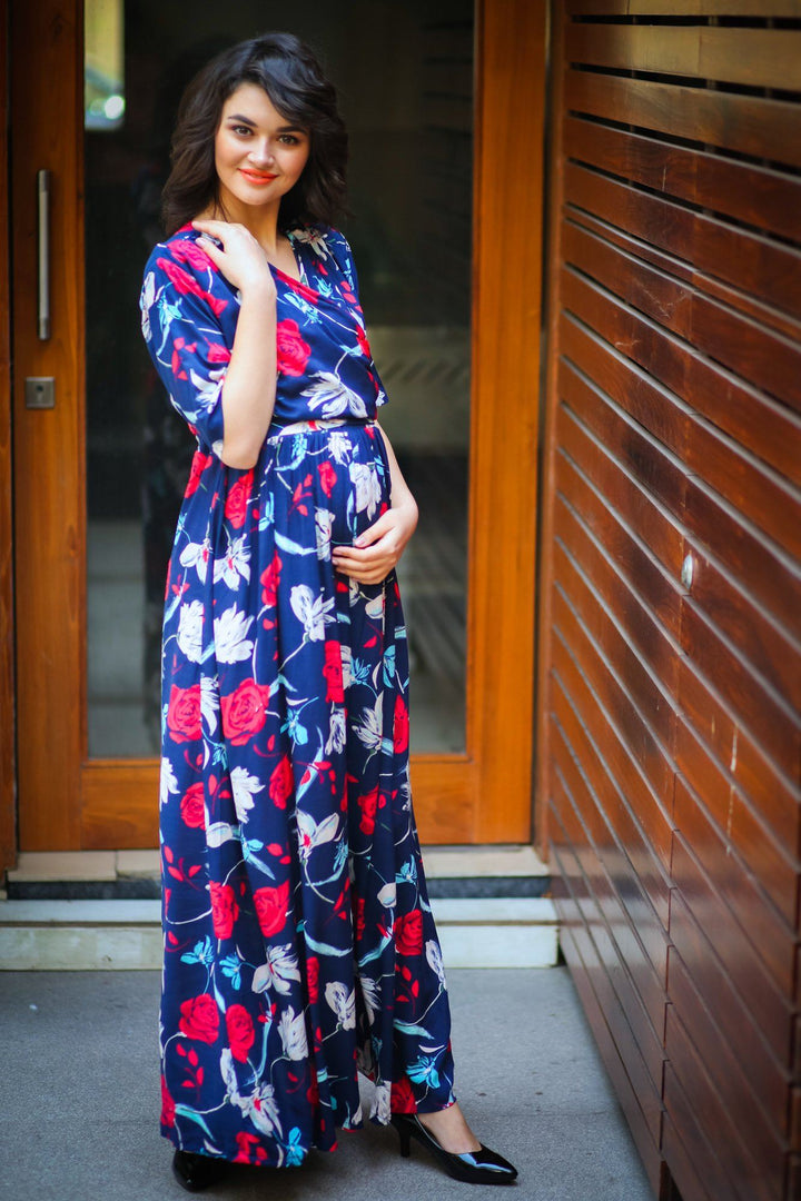 Blue Red Floral Maternity & Nursing Wrap Dress - MOMZJOY.COM