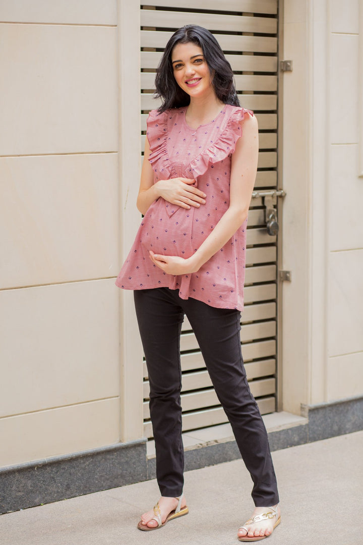 Pastel Red Pattern Frill Maternity & Nursing Top MOMZJOY.COM