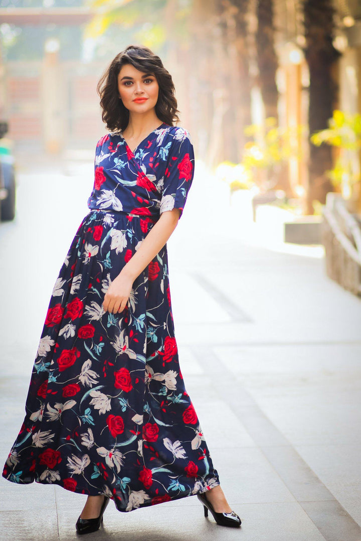 Blue Red Floral Maternity & Nursing Wrap Dress - MOMZJOY.COM