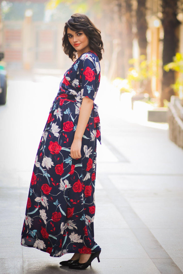 Blue Red Floral Maternity & Nursing Wrap Dress - MOMZJOY.COM