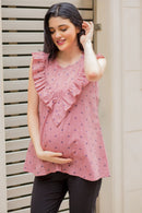 Pastel Red Pattern Frill Maternity & Nursing Top MOMZJOY.COM