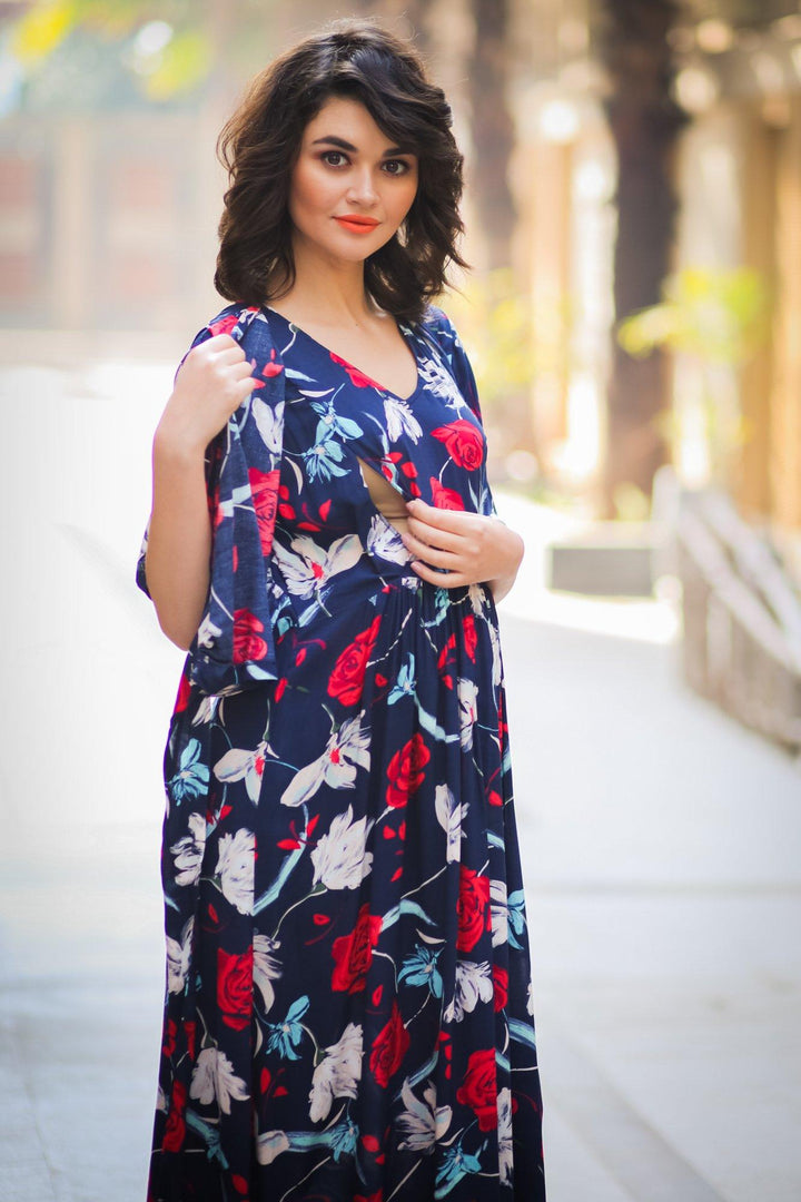 Blue Red Floral Maternity & Nursing Wrap Dress - MOMZJOY.COM