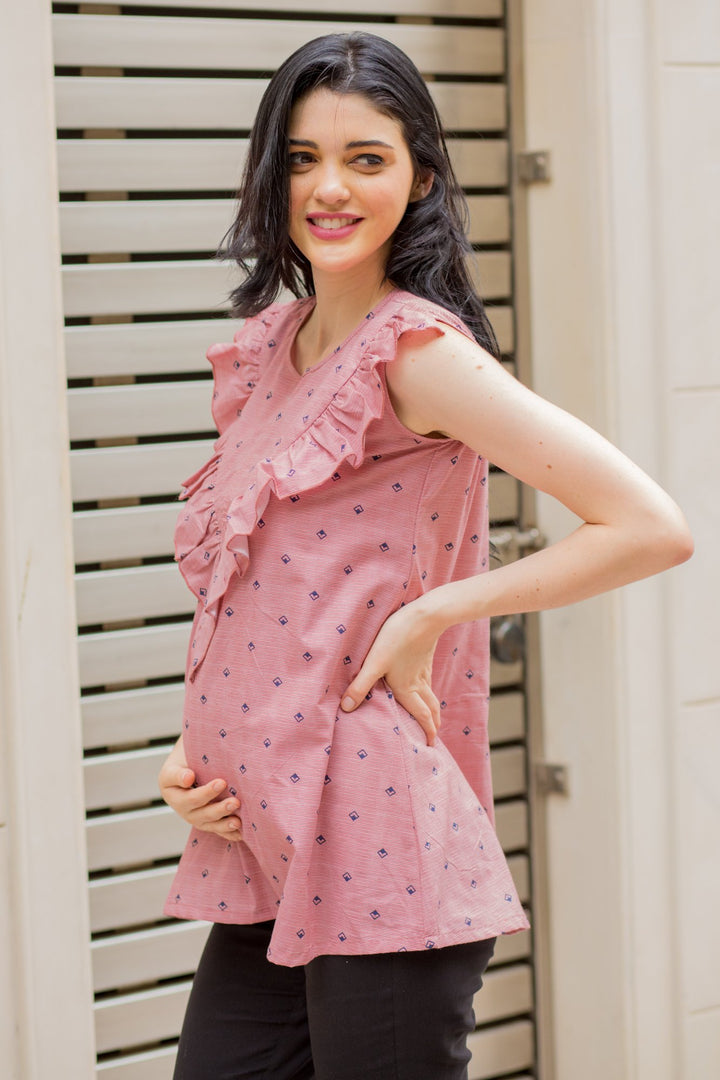 Pastel Red Pattern Frill Maternity & Nursing Top MOMZJOY.COM