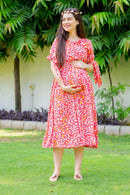 Strawberry Red Maternity & Nursing Midi Wrap Dress momzjoy.com