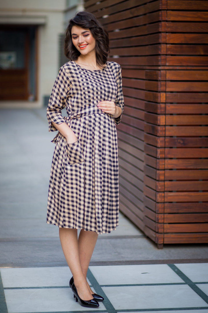 Timeless Plaid Pintucks Maternity & Nursing Dress - MOMZJOY.COM