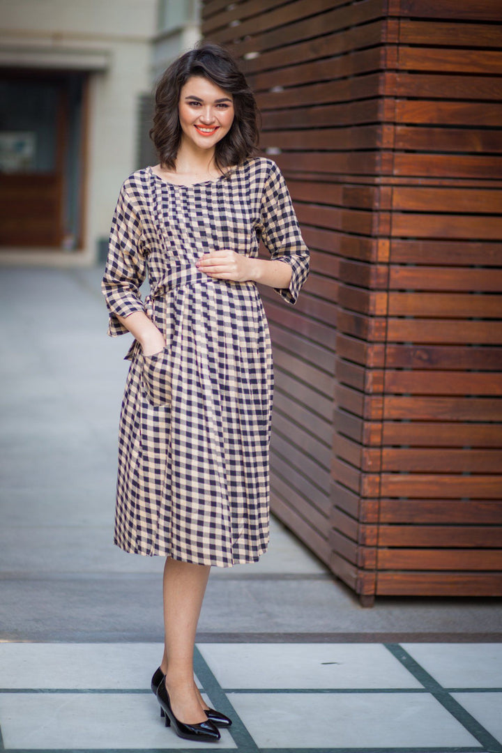 Timeless Plaid Pintucks Maternity & Nursing Dress - MOMZJOY.COM