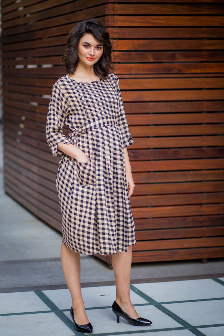 Timeless Plaid Pintucks Maternity & Nursing Dress - MOMZJOY.COM